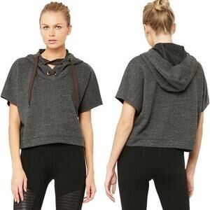 Alo Yoga Realm Short Sleeve Charcoal Gray Hoodie Top